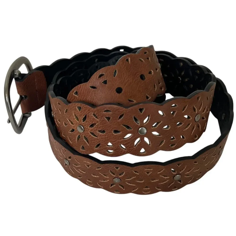 Womens Brown Cutout Floral Belt Silver Tone Buckle Unbranded Boho Western
